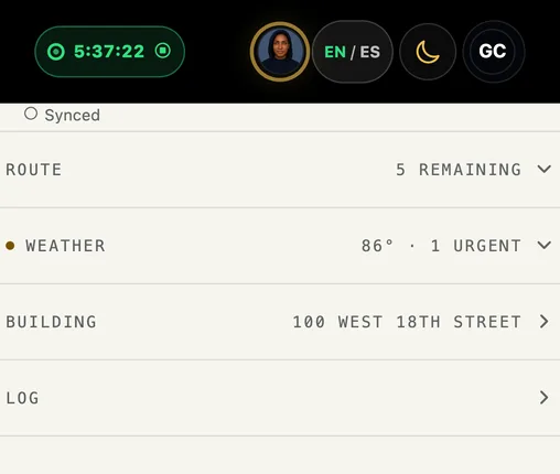 The worker dashboard in English: Clock In, today's stop, and the route rail