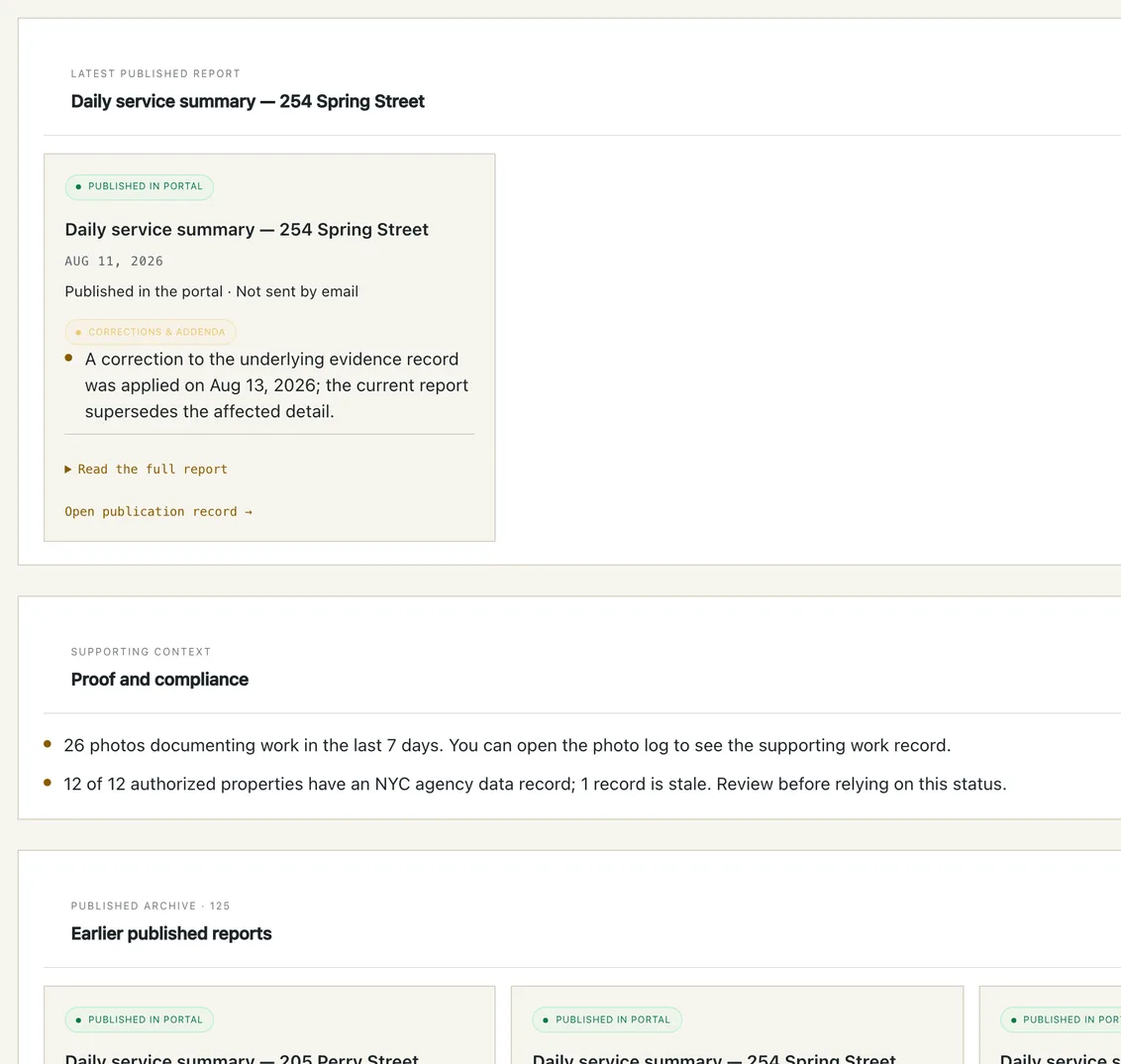 The portal's Client Reports view: the latest published report card with corrections and addenda shown, supporting proof-and-compliance context, and an archive of 125 earlier published reports