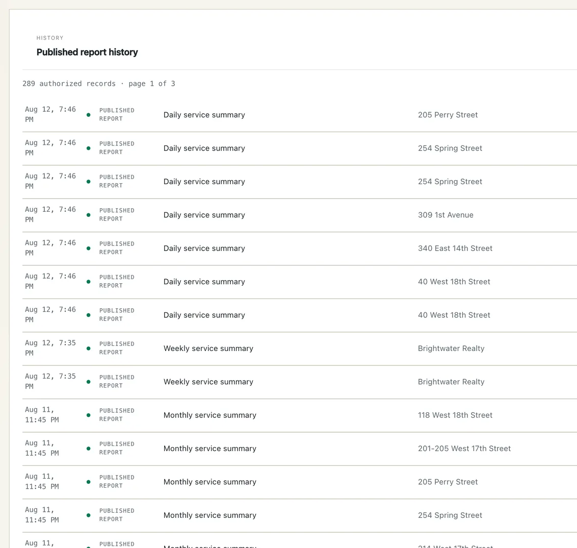 The portal's Published Report History: 289 authorized records, one row per report, by building and date