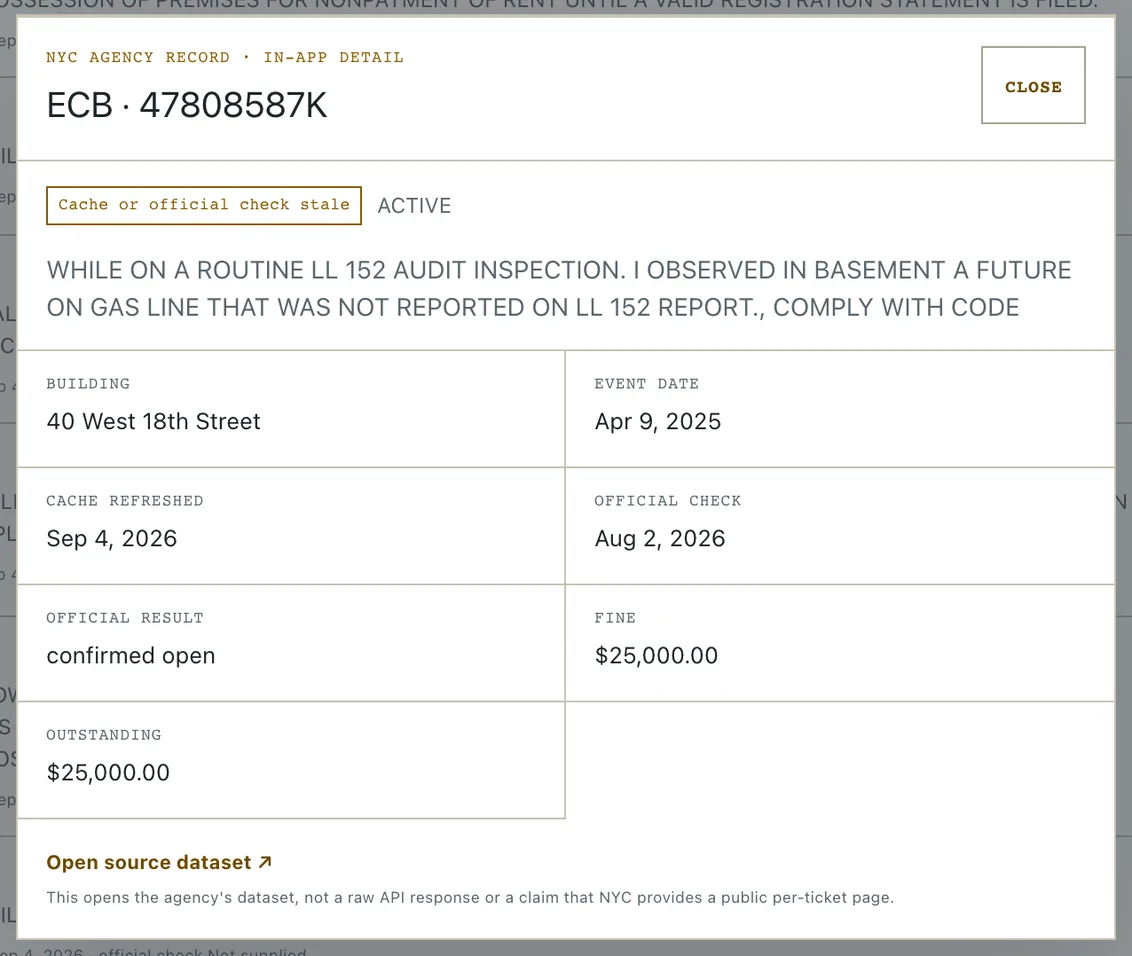One ECB violation opened to its in-app detail: the inspector's note, the building, the fine, and the outstanding balance