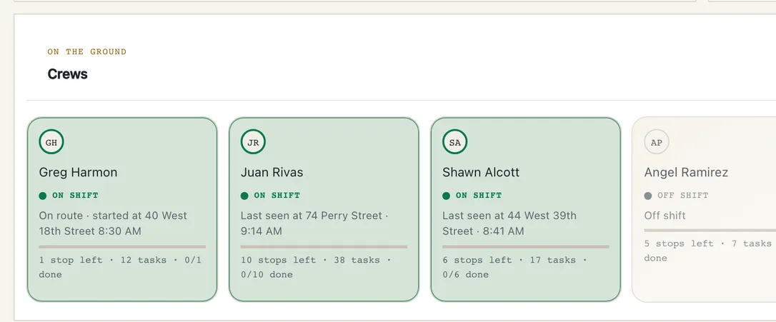 On the ground: crews with attendance, last-seen location, stops left, and tasks done, live