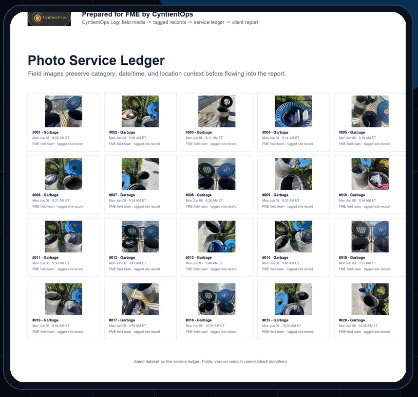 One task's photo batch filed as a single service record, every image dated and timed