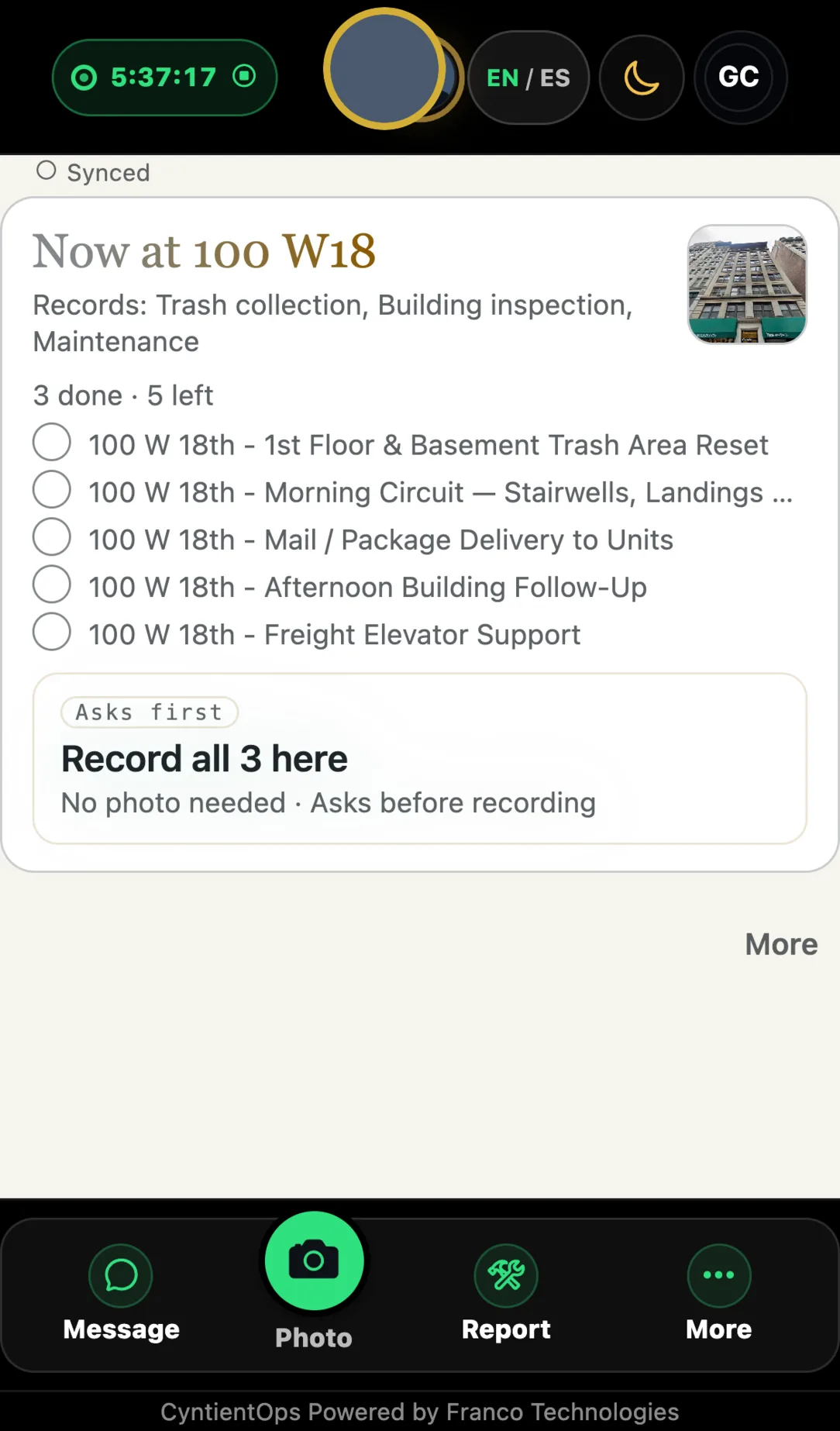Worker home with the route rail expanded: five stops remaining at 100 W18, the on-clock Record pill live, and the Message · Photo · Report · More dock