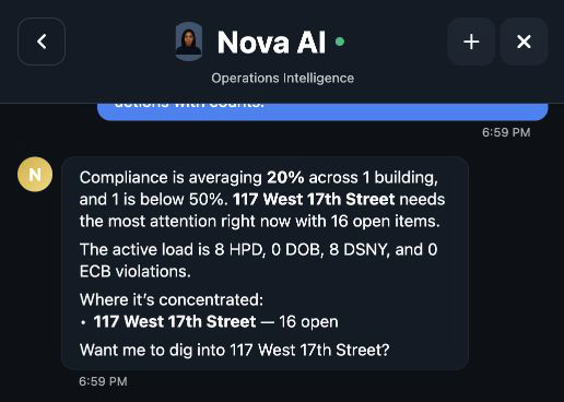 Nova answering a compliance question with live counts: 8 HPD, 8 DSNY, concentrated at one building