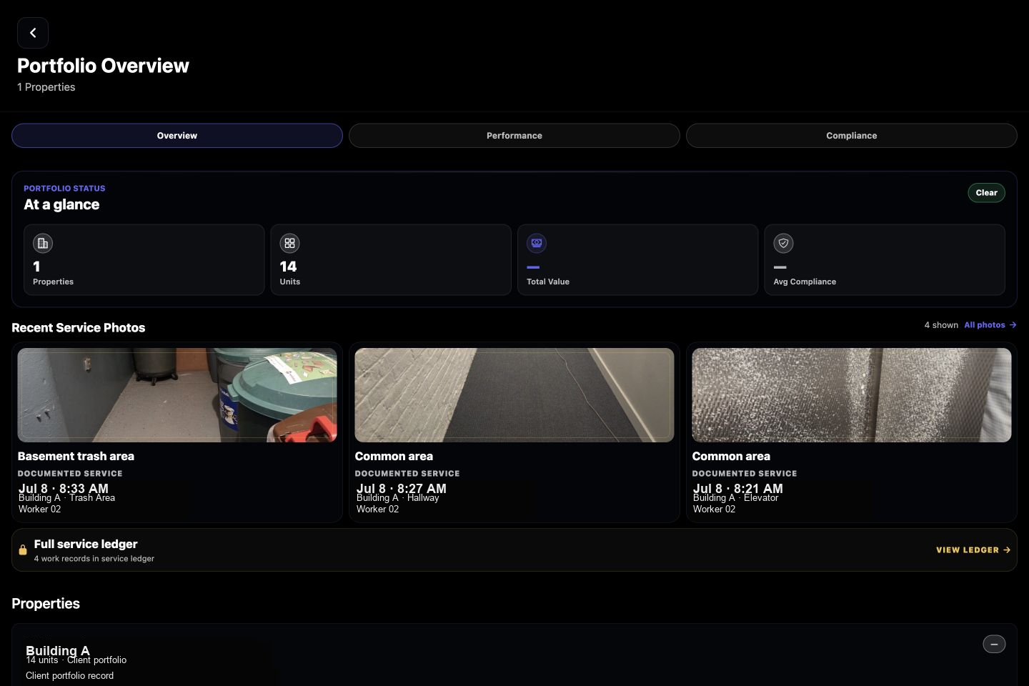 A client's portfolio overview: recent service photos, each a documented service with building, area, and capture time, and the full service ledger one tap away