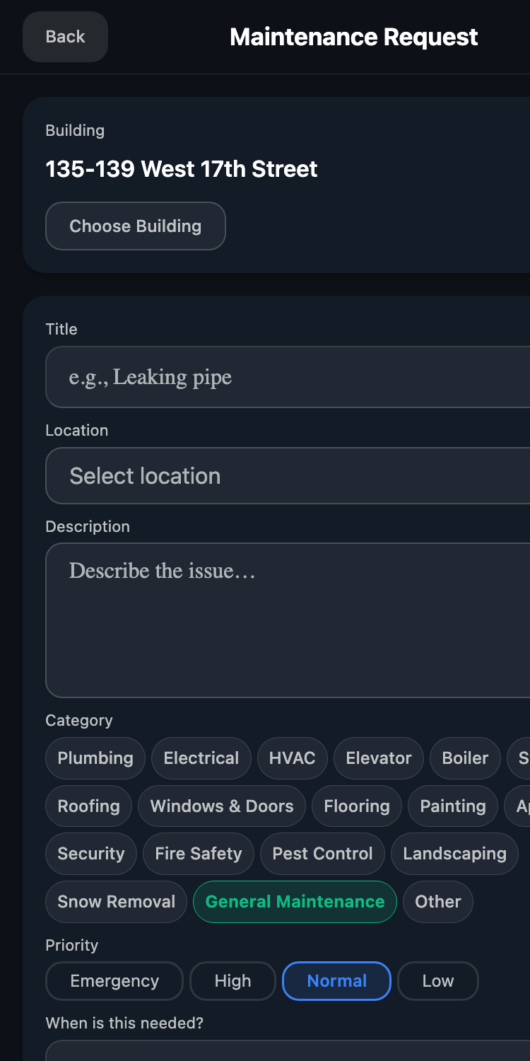 Filing a request in the app: building, title, location, category chips, priority, and photos or video attached at intake