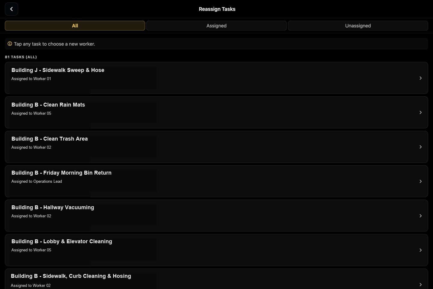 The Reassign Tasks screen: every task with its current owner, one tap to hand it to someone else