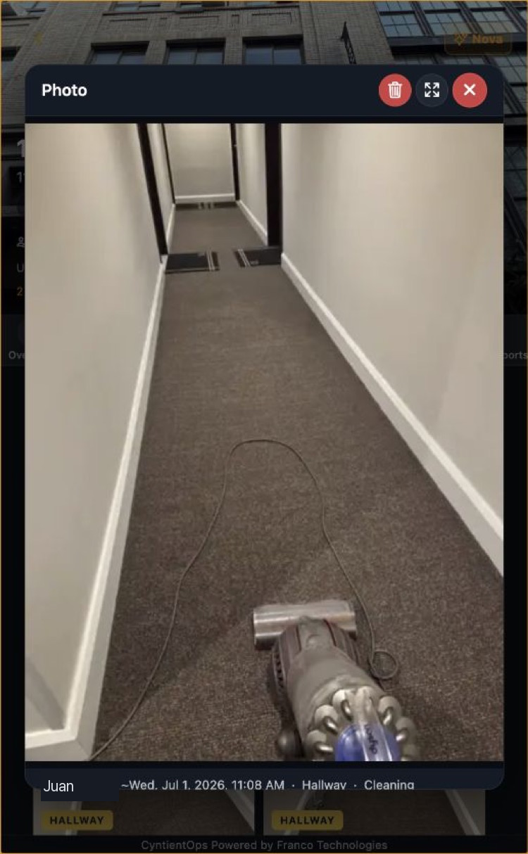 A photo opened in the app: Juan Lema, approximately Wed Jul 1 11:08 AM, Hallway, Cleaning. The tilde is the honesty: approximate provenance is shown as approximate