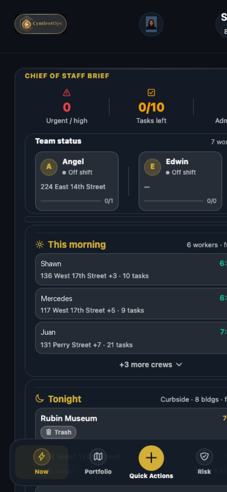 Team status with this morning's crews: who is out, at which buildings, with how many tasks