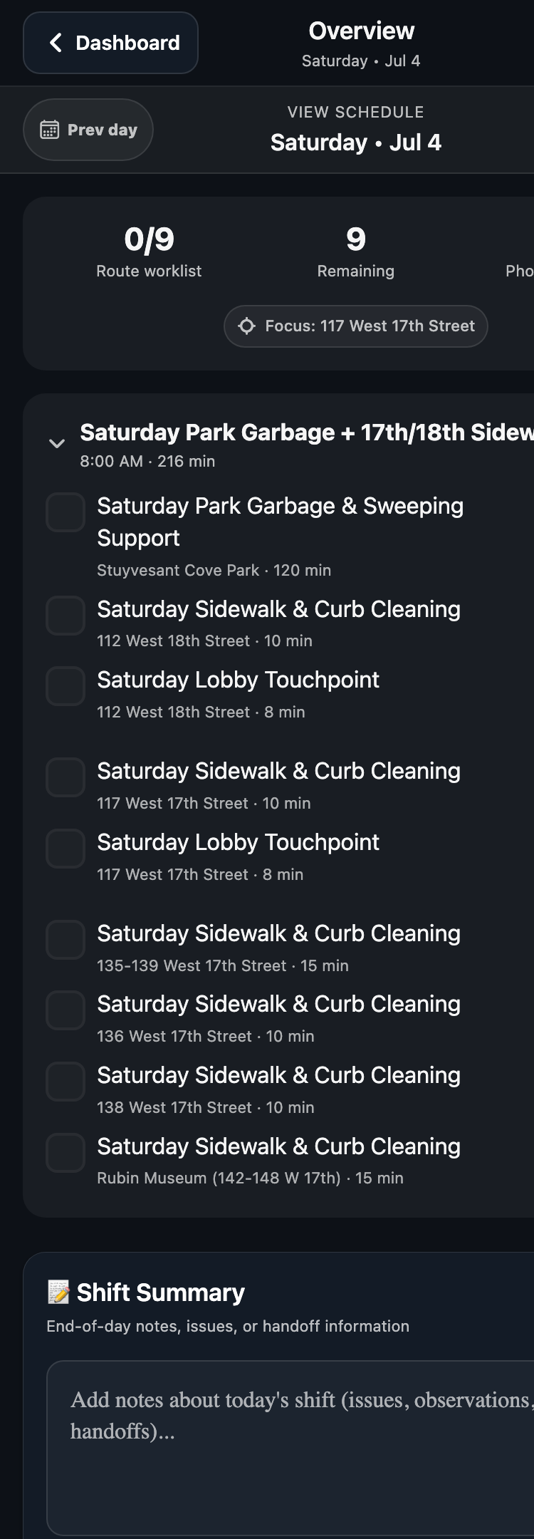 A real Saturday route in the worker app: nine items in order, each with its building and time budget