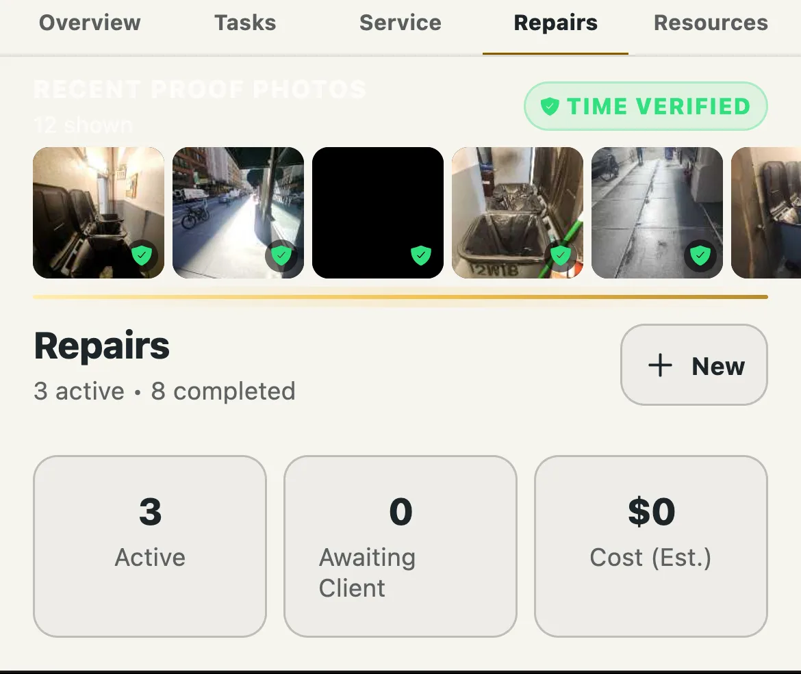 A building's Repairs tab: 8 completed repairs, 3 active, and the Recent Proof Photos strip of time-verified images filed under them