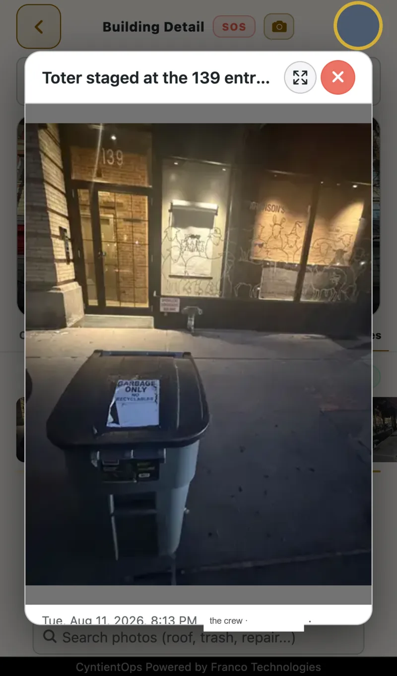 A photo opened in the app: title, close control, the full-size image, and a footer with the worker, exact capture date and time, and location