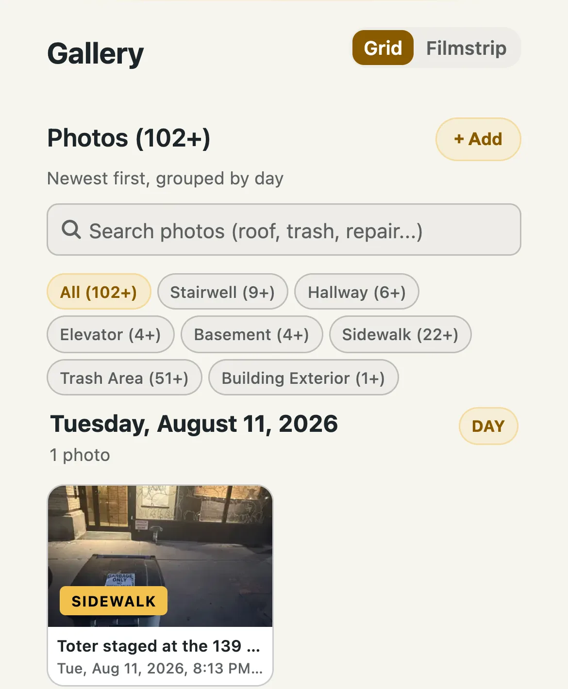 The building Resources gallery: Photos (102+), search, all seven category chips with live counts, and the first newest-first day group — a tagged Sidewalk photo with its capture time