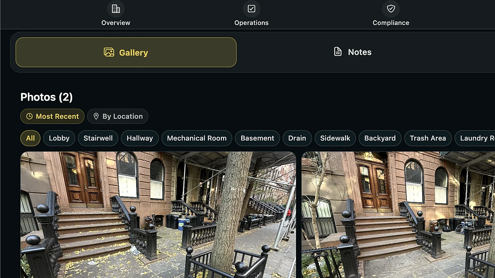 A building gallery inside the app: photos filed under Sidewalk, Trash Area, Stairwell, and the rest of the building